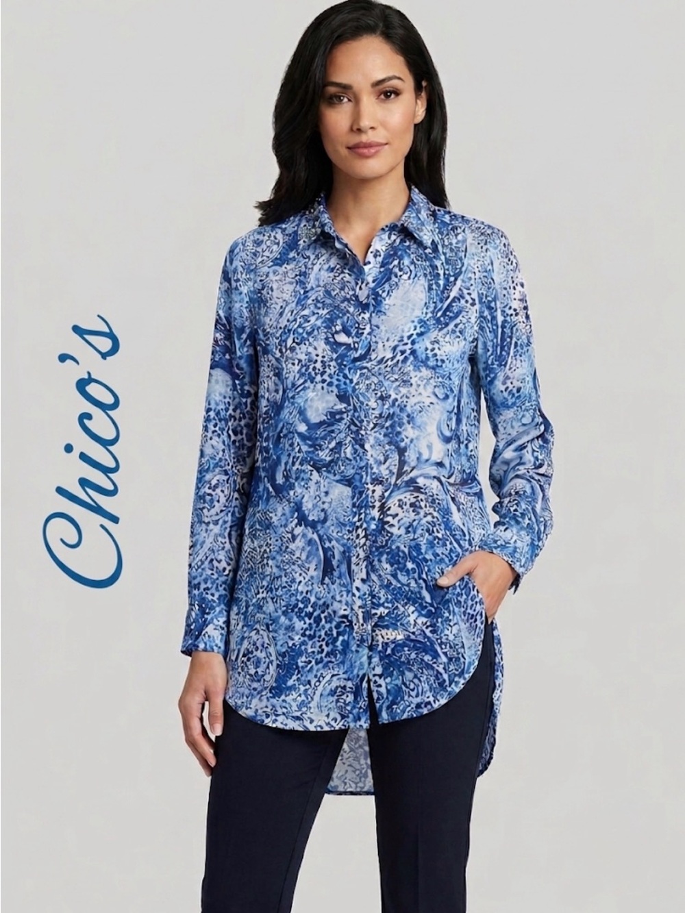 Chico's Blue Abstract Paisley Embellished Studded Collar Button Down Blouse S